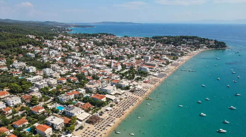 Pogled iz vazduha na Hanioti, Kasandra, Grčka — odredište kombi prevoza iz Srbije