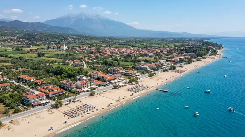 Pogled iz vazduha na Korinos, Olimpska rivijera, Grčka — odredište kombi prevoza iz Srbije
