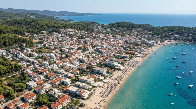 Pogled iz vazduha na Polihrono, Kasandra, Grčka — odredište kombi prevoza iz Srbije
