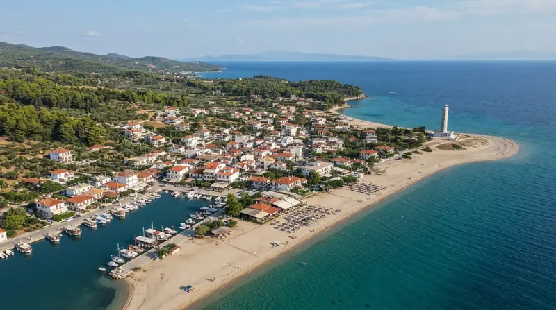 Pogled iz vazduha na Possidi, Kasandra, Grčka — odredište kombi prevoza iz Srbije