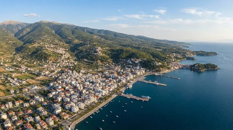 Pogled iz vazduha na naselje u Grčkoj — kombi prevoz za Grčku